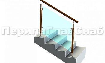 Ограждение с круглым деревянным поручнем с зажимными стеклодержателями и стойками с деревянными вставками в Ростове-на-Дону. Готовые проекты ПерилаГлавСнаб