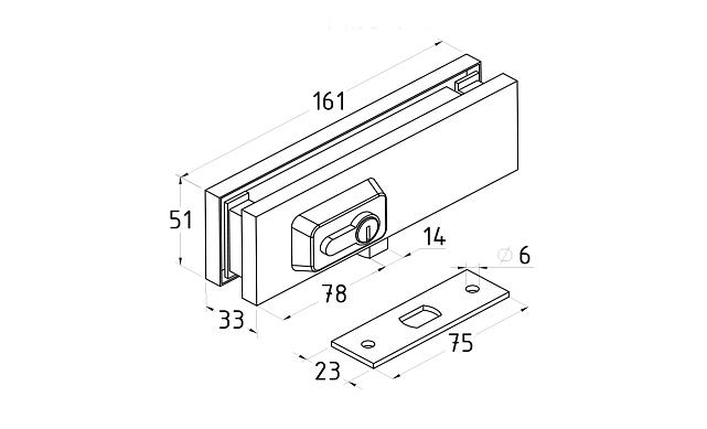 Замок для стеклянной двери угловой с круглым ригелем комплект, шлифованный t150 SSS 4
